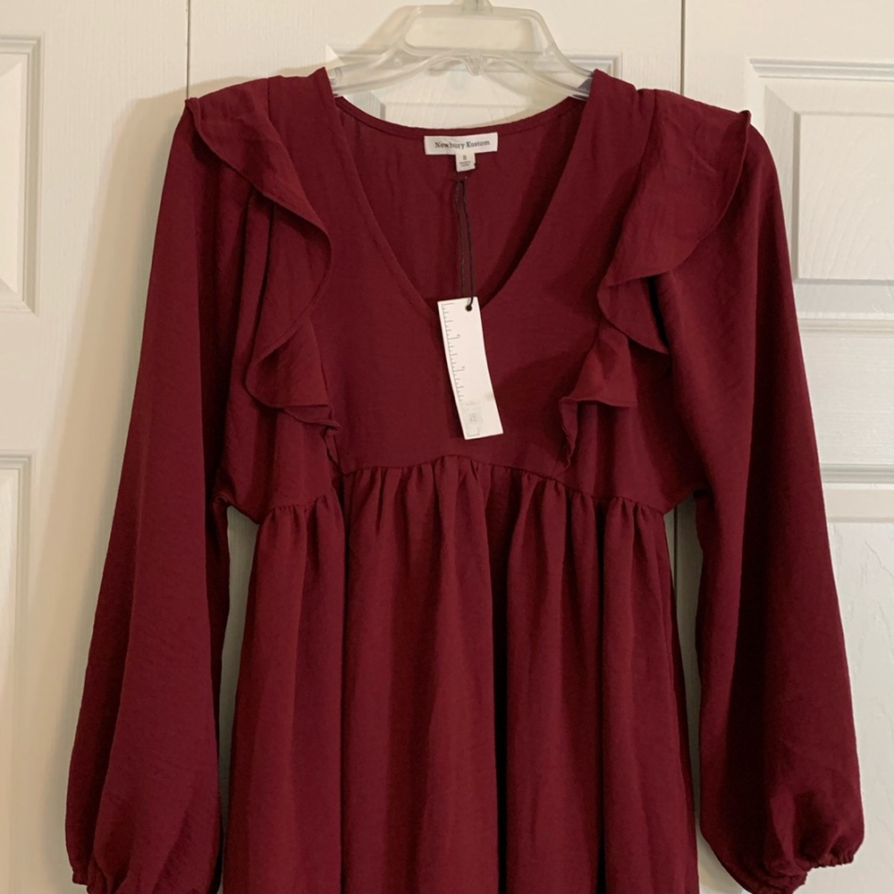 Newberry Kustom Women’s S Burgundy Ruffle Long Sleeve V Neck Dress Pockets